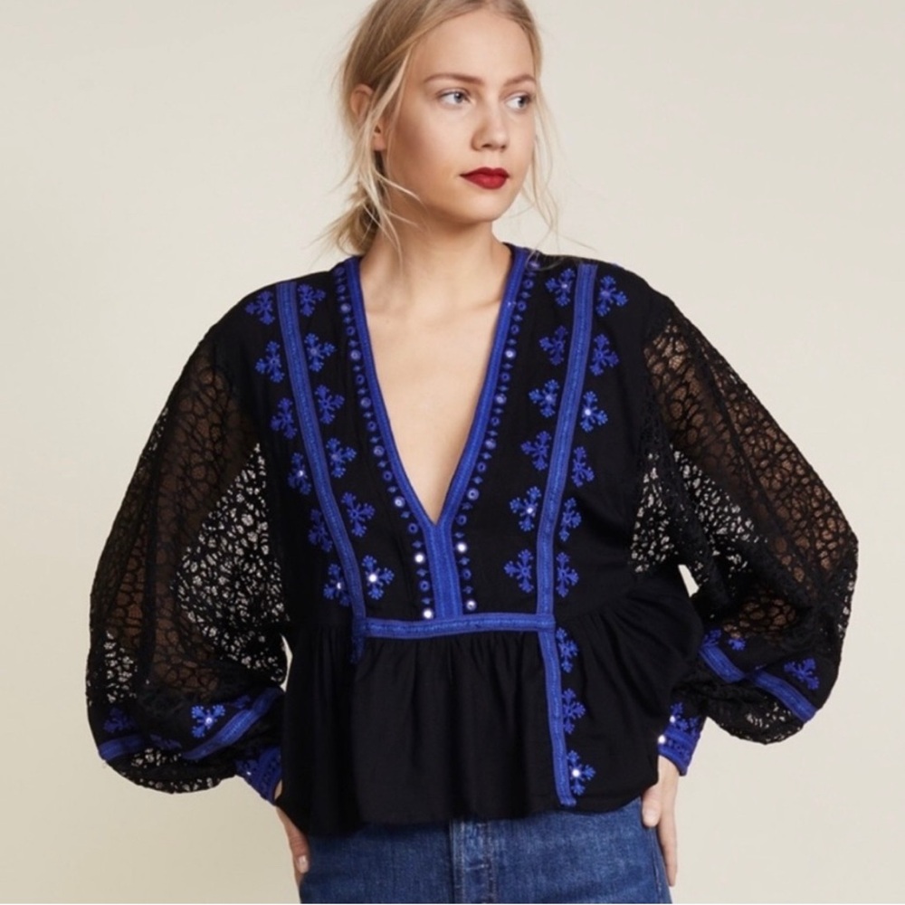 Free People Black Blouse with Blue Embroidery